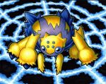  animal_focus black_background blue_eyes blue_fur bug commentary_request full_body galvantula itou_masanori looking_to_the_side no_humans pokemon pokemon_(creature) silk solo spider spider_web yellow_fur 