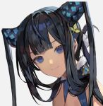  1girl bad_id bad_twitter_id black_hair character_request chyoel closed_mouth fate/grand_order fate_(series) hair_ornament head_tilt highres long_hair looking_at_viewer portrait purple_eyes simple_background smile solo white_background 