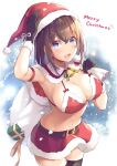  1girl :d arm_strap bangs belt belt_buckle bikini black_gloves black_legwear blue_eyes breasts brown_hair buckle christmas_present cleavage gift gloves hand_on_headwear hat highres holding holding_sack large_breasts long_hair looking_at_viewer navel open_mouth original red_bikini sack santa_bikini santa_hat shiro_kuma_shake sideboob sidelocks smile snow solo swimsuit thighhighs white_background 