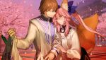  1boy 1girl animal_ear_fluff animal_ears apron arm_hug bag bangs blue_bow blue_ribbon blush bow breasts brown_hair cherry_blossoms cleavage closed_eyes closed_mouth couple eyebrows_visible_through_hair fate/extella fate/extra fate_(series) fox_ears fox_girl fox_tail game_cg good_end grocery_bag hair_bow hair_ribbon happy hetero highres holding husband_and_wife kappougi kishinami_hakuno_(male) long_sleeves looking_at_another lovestruck non-web_source official_art photoshop_(medium) pink_hair ribbon shopping_bag smile split_ponytail tail tamamo_(fate) tamamo_no_mae_(fate/extra) wada_arco yellow_eyes 