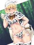  1girl animal_print artist_name bag bangs bell blonde_hair blush bow breasts christmas cleavage closed_mouth collarbone covered_nipples cowbell fur-trimmed_gloves fur-trimmed_headwear fur-trimmed_legwear fur_trim gloves green_eyes hammer highres mizuhashi_parsee navel ootsuki_wataru panties pointy_ears pom_pom_(clothes) shiny shiny_hair shiny_skin short_hair solo standing stomach string_panties striped striped_bow sweatdrop thighhighs thighs tiger_print touhou underwear white_gloves white_headwear 