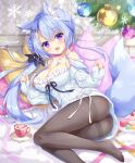  1girl :d ameto_yuki animal_ear_fluff animal_ears bangs bare_shoulders black_legwear blue_hair blue_sweater blush breasts christmas christmas_ornaments cleavage collarbone commentary_request cup dress eyebrows_visible_through_hair feet_out_of_frame food hair_between_eyes hair_ornament hairclip large_breasts long_hair long_sleeves looking_at_viewer low_ponytail no_shoes off-shoulder_sweater off_shoulder original pantyhose pinching_sleeves purple_eyes saucer sleeves_past_wrists smile snowflake_hair_ornament solo sweater sweater_dress tail thighband_pantyhose very_long_hair 