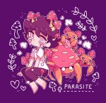  1boy alternate_costume ash_ketchum bangs barefoot blush brown_hair brown_pants catsubun_(kkst0904) commentary evolutionary_line eyebrows_visible_through_hair male_focus outline pants paras parasect pokemon pokemon_(anime) pokemon_(creature) pokemon_sm_(anime) purple_background shirt short_hair short_sleeves t-shirt white_eyes white_shirt 