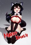  1girl animal_ear_fluff animal_ears bangs bare_shoulders black_bow black_bowtie black_hair bow bowtie breasts christmas cleavage ejami ekko_(ejami) fangs fox_ears fox_girl fox_tail fur_collar groin hair_ornament highres long_hair merry_christmas mistletoe no_panties no_shoes open_mouth original red_eyes saliva seiza shiny shiny_hair sitting skindentation smile tail thighhighs tongue tongue_out 