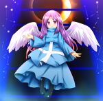  angel angel_wings apron black_legwear blue_apron blue_dress blue_footwear colorized commentary_request constellation cross_print dress eclipse feathered_wings full_body highres korumoran long_hair long_sleeves mary_janes matenshi_(touhou) pantyhose purple_eyes purple_hair shoes smile solar_eclipse story_of_eastern_wonderland touhou touhou_(pc-98) very_long_hair white_wings wide_sleeves wings 