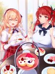  2girls :d :t ^_^ azur_lane blonde_hair breasts cake character_request closed_eyes commission cup fingerless_gloves food fork gloves highres holding holding_cup holding_fork honolulu_(azur_lane) irohara large_breasts leander_(azur_lane) manjuu_(azur_lane) multiple_girls red_hair sailor_collar sailor_shirt shirt short_sleeves skeb_commission smile teacup twintails upper_body white_gloves white_shirt 