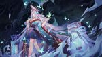  1girl aoandon bangs blue_eyes blue_fire blush breasts bug butterfly choker cleavage criin fire highres japanese_clothes kimono large_breasts long_hair looking_at_viewer onmyoji smile solo thighs very_long_hair white_hair 