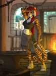  2021 4_toes 5_fingers anthro black_stripes breasts clothed clothing digital_media_(artwork) eyebrows eyelashes feet felid female fingers fire firetally fur hi_res mammal midriff navel orange_body orange_fur pantherine red_eyes striped_body striped_fur stripes tiger toes 