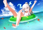  1girl absurdres aqua_eyes arm_up cloud dragon_girl flat_chest fukurou_(hukurou) highres holographic_horns ibuki_meno innertube long_hair multicolored_eyes ocean one-piece_swimsuit open_mouth ponytail prism_project purple_eyes silver_hair solo swimsuit tail_removed virtual_youtuber white_swimsuit 
