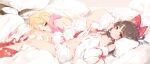  2girls arm_ribbon ass bangs bare_shoulders black_hair black_headwear blonde_hair bloomers bloomers_pull blush bow breasts brown_eyes collarbone commentary_request detached_sleeves eyebrows_visible_through_hair feet_out_of_frame floral_print frilled_bow frills gloves hair_bow hair_tubes hakurei_reimu hands_on_own_chest hat hat_bow hat_removed headwear_removed hidden_star_in_four_seasons highres ke-ta kirisame_marisa long_sleeves looking_at_viewer lying multiple_girls navel nipples off_shoulder on_back on_stomach parted_lips pillow pink_gloves pink_scarf red_bow red_ribbon red_skirt ribbon ribbon-trimmed_sleeves ribbon_trim scarf shirt sidelocks single_glove skirt skirt_removed small_breasts smile snowflake_print stomach thighs topless touhou underwear white_bloomers white_bow white_shirt wide_sleeves witch_hat 