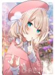  1girl absurdres bangs beret blonde_hair blue_eyes blurry blurry_background blush chae_ara character_name finger_to_mouth from_side grey_sweater hair_behind_ear hat head_tilt highres jacket liri_(liri_guilty) looking_at_viewer merry_christmas nijisanji nijisanji_kr pink_headwear pink_jacket snowing solo sparkle sweater virtual_youtuber 
