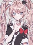  1girl 3j_dangan bangs bear_hair_ornament black_bra black_shirt blonde_hair blue_eyes bow bow_shirt bra breasts cleavage collarbone commentary_request danganronpa:_trigger_happy_havoc danganronpa_(series) enoshima_junko eyebrows_visible_through_hair fingernails grey_background hair_ornament hand_on_own_chin hand_up highres large_breasts long_hair nail_polish necktie red_bow red_nails shiny shiny_hair shirt short_sleeves simple_background twintails underwear upper_body white_necktie 