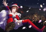  1girl blue_eyes boots breasts brown_hair city_lights cleavage falling gibun_(sozoshu) highres large_breasts looking_at_viewer mountain night original santa_costume snow solo thighs 
