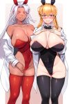  2girls animal_ears areola_slip areolae bare_shoulders black_bow black_bowtie black_legwear black_leotard blonde_hair blush bow bowtie braid breasts collared_shirt colored_eyelashes commentary_request covered_navel dark-skinned_female dark_skin detached_collar dress_shirt hair_between_eyes hands_on_own_chest hands_up highleg highleg_leotard highres huge_breasts korean_commentary leotard long_hair long_sleeves looking_at_viewer multiple_girls off_shoulder open_clothes open_shirt original purple_eyes rabbit_ears red_eyes red_legwear red_leotard secretbusiness shirt silver_hair simple_background skindentation smile standing strapless strapless_leotard thighs white_shirt 