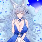  1girl animal_ear_fluff animal_ears arche0825 azur_lane blue_butterfly blue_collar blue_dress blue_eyes breasts bug butterfly cleavage collar dress evening_gown fox_ears grey_hair halter_dress halterneck highres huge_breasts long_hair looking_at_viewer looking_up lying official_alternate_costume on_back shinano_(azur_lane) shinano_(dreams_of_the_hazy_moon)_(azur_lane) solo wrist_flower 