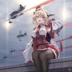  1girl adapted_costume aircraft airplane artist_logo belt black_legwear blonde_hair blue_eyes blush braid breasts brown_belt capelet christmas colorado_(kancolle) dress elbow_gloves feet_out_of_frame french_braid gloves hat headgear highres kantai_collection looking_at_viewer medium_breasts medium_hair open_mouth outdoors pantyhose red_dress red_gloves rokuwata_tomoe sack santa_hat short_hair sideboob sitting snow solo 