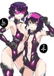  2girls bare_shoulders breast_envy breasts cleavage elbow_gloves gameplay_mechanics girls&#039;_frontline gloves grey_eyes groin highres kurozukin_(th_krz_890) large_breasts leotard multicolored_hair multiple_girls navel pink_hair purple_hair ripper_(girls&#039;_frontline) sangvis_ferri sideboob size_difference small_breasts streaked_hair thighhighs 