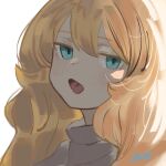  1girl big_hair blonde_hair blue_eyes grey_sweater highres jitome looking_at_viewer open_mouth original portrait ryusei_hashida signature simple_background solo sweater white_background 