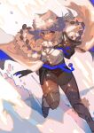  1girl absurdres animal_ears armored_boots bangs blue_bow blue_eyes blue_ribbon blush boots bow breasts brown_legwear buttons cape capelet cat_ears cat_girl crop_top crop_top_overhang dobrynya_nikitich_(fate) dress fate/grand_order fate_(series) fur-trimmed_capelet fur-trimmed_headwear fur_trim gauntlets grey_dress hair_bow hat highres knee_boots large_breasts long_hair long_sleeves looking_at_viewer low_ponytail mace pantyhose ribbon shieriru short_dress smile snow solo weapon white_cape white_capelet white_hair white_headwear 