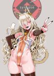  1girl ;d animal_ears armpits asanagi ass_visible_through_thighs bare_shoulders bell black_legwear black_nails blonde_hair blush breasts covered_navel detached_sleeves earrings eyebrows_visible_through_hair eyelashes fangs hair_ornament hair_over_one_eye hairclip hand_on_hip highres jewelry leotard long_hair looking_at_viewer neck_bell one_eye_closed original red_eyes small_breasts smile solo tail teeth thighhighs v 
