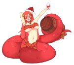  1girl arms_up barrel bell blush breasts christmas cup drunk full_body hair_ornament hairclip hat holding holding_cup holding_with_tail jingle_bell lamia large_breasts long_hair miia_(monster_musume) monster_girl monster_musume_no_iru_nichijou navel nose_blush one_eye_closed open_mouth prehensile_tail red_hair red_headwear rtil santa_hat second-party_source simple_background solo tail white_background 