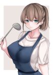 1girl absurdres apron bangs blue_apron blue_eyes breasts brown_hair collarbone eyebrows_visible_through_hair hair_between_eyes highres holding holding_ladle intrepid_(kancolle) jiangyou_dang kantai_collection ladle large_breasts light_smile looking_at_viewer medium_hair ponytail shirt simple_background upper_body white_shirt 