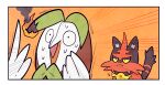  beak bird border closed_mouth commentary_request dartrix emphasis_lines fangs fangs_out fire half-closed_eyes jaho open_mouth panicking pokemon pokemon_(creature) sweat torracat white_border 