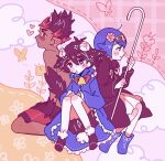  1girl 2boys ash_ketchum bangs blue_eyes blue_hair blush blush_stickers boots bright_pupils brown_hair catsubun_(kkst0904) closed_mouth commentary flower hair_flower hair_ornament hairband heart holding kiawe_(pokemon) knees_together_feet_apart lana_(pokemon) mouth_hold multicolored_hair multiple_boys no_sclera pokemon pokemon_(anime) pokemon_sm_(anime) red_eyes red_shorts short_hair shorts topless_male two-tone_hair white_pupils yellow_hairband 