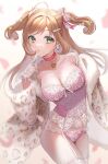  anoa blonde_hair breasts cheetah_print cleavage coat finger_to_mouth fur_trim garter_straps green_eyes highres idolmaster idolmaster_cinderella_girls jewelry large_breasts lingerie necklace panties satou_shin thighhighs thighs twintails underwear 