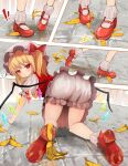  1girl accident all_fours banana_peel blonde_hair bloomers blush boots bow crystal eyebrows_visible_through_hair flandre_scarlet frilled_sleeves frills frown hair_between_eyes hair_bow looking_at_viewer looking_back outdoors red_bow red_eyes red_footwear side_ponytail solarisu solo touhou underwear wings 
