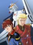  1boy amuro_ray birthday blonde_hair blue_eyes brown_hair char&#039;s_counterattack char_aznable commentary_request curly_hair fin_funnels green_eyes gundam highres looking_at_viewer mecha mobile_suit nu_gundam shield short_hair signature tokita_kouichi uniform v-fin 