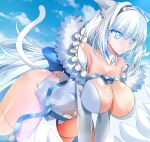  1girl animal_ear_fluff animal_ears argyle argyle_cutout bangs bare_shoulders blue_bow blue_eyes blue_legwear blue_ribbon blue_sky blush bow breasts capelet cat_ears cat_girl cat_tail cleavage clothing_cutout detached_collar detached_sleeves dobrynya_nikitich_(fate) dress fate/grand_order fate_(series) fur-trimmed_capelet fur_trim hair_bow hairband highres large_breasts long_hair low_ponytail navel ribbon short_dress sky solo tail thighhighs thighs white_capelet white_dress white_hair yahoo0124 
