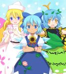  3girls antennae aqua_hair blonde_hair blue_background blue_bow blue_dress blue_eyes blue_hair blush blush_stickers bow butterfly_wings cirno closed_mouth collared_shirt crossed_arms dress eternity_larva eyebrows_visible_through_hair fairy fairy_wings fenikkusu_takahashi floral_print flower green_dress hair_between_eyes hair_bow hat holding ice ice_wings leaf leaf_on_head lily_white long_hair morning_glory multicolored_clothes multicolored_dress multiple_girls open_mouth outstretched_arms pink_flower puffy_short_sleeves puffy_sleeves shirt short_hair short_sleeves single_strap smile spell_card spread_arms starry_background tanned_cirno touhou white_dress white_headwear white_shirt wings yellow_eyes 