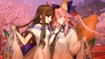  2girls animal_ear_fluff animal_ears apron bag bangs blue_bow blue_ribbon blush bow breasts brown_hair cherry_blossoms choker cleavage dress eyebrows eyebrows_visible_through_hair fate/extella fate/extra fate_(series) fox_ears fox_girl fox_tail game_cg good_end groceries hair_bow hair_ribbon highres holding kappougi kishinami_hakuno_(female) long_hair medium_breasts multiple_girls non-web_source official_art photoshop_(medium) pink_hair plastic_bag ribbon tail tamamo_(fate) tamamo_no_mae_(fate/extra) twintails wada_arco white_dress wife_and_wife yuri 