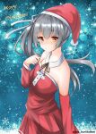  bangs black_ribbon blue_background blush brown_eyes closed_mouth collar commentary_request dakkusu detached_collar detached_sleeves dress eyebrows_visible_through_hair floating_hair grey_hair hair_between_eyes hat highres kantai_collection kasumi_(kancolle) long_hair long_sleeves looking_at_viewer merry_christmas neck_ribbon red_dress red_sleeves ribbon santa_costume santa_hat side_ponytail snowflake_background strapless strapless_dress twitter_username very_long_hair white_collar 