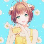 1girl :d ^_^ ^o^ antenna_hair aqua_background bangs bare_shoulders blurry brown_hair cardcaptor_sakura closed_eyes collarbone creature daisy depth_of_field dot_nose eyebrows_visible_through_hair eyes_visible_through_hair facing_viewer film_grain floral_background flower gomzi green_eyes hair_flower hair_intakes hair_ornament hands_up head_tilt heart heart_hands kero kinomoto_sakura light_blush looking_at_viewer muted_color open_mouth parted_lips round_teeth short_hair sidelocks signature sleeveless smile straight-on teeth two_side_up upper_body upper_teeth white_flower 