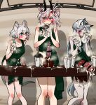  3girls animal_ears apron arknights bar_censor blush bulge censored click_(arknights) closed_eyes cum cum_in_container cum_in_cup earthspirit_(arknights) embarrassed erection erection_under_clothes eyebrows_visible_through_hair futanari goat_horns heavyrain_(arknights) horns horse_ears horse_penis horse_tail huge_penis iced_latte_with_breast_milk_(meme) long_hair meme mirin_chikuwa mouse_ears mouse_tail multiple_girls naked_apron penis short_hair tail testicles 