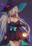  1girl absurdres black_dress black_gloves blue_bow blue_eyes blush bow breasts bridal_gauntlets cernunnos_(fate) cleavage commentary_request dress elbow_gloves fairy_knight_tristan_(fate) fate/grand_order fate_(series) fingerless_gloves gloves halloween_costume hat hat_ornament hat_ribbon highres holding holding_lantern lantern large_breasts long_hair looking_at_viewer morgan_le_fay_(fate) mouth_veil namaponpon_00 pumpkin_hat_ornament purple_ribbon ribbon see-through short_dress silver_hair smile solo veil very_long_hair witch_hat 