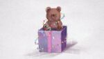  christmas_lights gift glowing highres looking_at_viewer no_humans original rasukusekai shadow stuffed_animal stuffed_toy teddy_bear white_background 