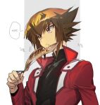  1boy bangs brown_hair cocaduel duel_academy_uniform_(yu-gi-oh!_gx) eating fish head_tilt highres jacket long_sleeves male_focus medium_hair multicolored_hair red_jacket school_uniform short_hair sidelocks solo translation_request two-tone_hair upper_body yu-gi-oh! yu-gi-oh!_gx yuuki_juudai 