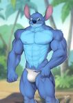  2021 5_fingers abs alien anthro anthrofied big_muscles biped black_eyes blue_body blue_claws blue_fur blue_nose blush blush_lines bulge claws clothed clothing disney experiment_(lilo_and_stitch) fingers fur grin hand_on_hip head_tuft hi_res humanoid_hands lilo_and_stitch looking_at_viewer male muscular muscular_anthro muscular_male nipples notched_ear outside palm_tree pecs plant portrait pubes reiner55 signature smile solo standing stitch_(lilo_and_stitch) thick_thighs three-quarter_portrait tree tuft underwear underwear_only 