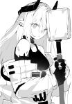  1girl absurdres arknights bangs ddari demon_girl demon_horns elite_ii_(arknights) gloves highres holding holding_weapon horns monochrome mudrock_(arknights) off_shoulder oripathy_lesion_(arknights) parted_lips pointy_ears solo tank_top war_hammer weapon 