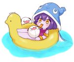  1girl 7mb_yut :3 :p artist_name ball bare_back bare_shoulders beachball chibi colored_skin commentary duck_innertube eyebrows_visible_through_hair eyelashes feet floating food_in_mouth full_body hair_between_eyes hat horns inflatable_armbands league_of_legends lulu_(league_of_legends) mole mole_under_eye official_alternate_costume one-piece_swimsuit orange_eyes popsicle_in_mouth poro_(league_of_legends) purple_hair purple_skin solo swimsuit toes tongue tongue_out v-shaped_eyebrows yellow_eyes yordle 