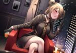  1girl alcohol black_gloves blush breasts collared_shirt commission couch crossed_legs double_bun girls&#039;_frontline glass gloves light_brown_hair looking_away medium_breasts necktie p90_(girls&#039;_frontline) partially_unbuttoned partially_undressed pov red_eyes shirt short_hair skeb_commission solo_focus yaosera 
