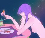  1girl bottle braid breasts cup earrings food fork fruit green_nails hair_ornament hairclip highres holding holding_cup jewelry long_hair nipples nude orange_(fruit) orange_slice original pasta plate purple_hair rasukusekai shadow small_breasts solo spaghetti sparkle table twin_braids upper_body 