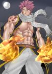  1boy abs absurdres bara bare_pectorals black_vest closed_mouth earrings fairy_tail fire highres jewelry large_pectorals looking_to_the_side magic male_focus muscular muscular_male natsu_dragneel navel nipples open_clothes open_vest pants pectorals pink_hair scar scar_on_arm scar_on_cheek scar_on_face scar_on_stomach scarf short_hair shoulder_tattoo solo spiked_hair suyohara tattoo veiny_arms vest white_pants 