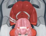  1girl absurdres ass bangs bent_over blue_eyes bodysuit darling_in_the_franxx formal highres horns latex latex_bodysuit looking_at_viewer palkian pink_hair red_bodysuit skin_tight solo suit zero_two_(darling_in_the_franxx) 