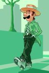  1boy absurdres alternate_costume bare_tree big_nose blue_eyes brown_hair buttons checkered_clothes checkered_footwear checkered_shirt closed_mouth clothes_writing collared_jacket commentary english_commentary facial_hair full_body gloves green_background green_footwear green_pants green_theme half-closed_eyes hands_in_pockets heelys highres jacket jpeg_artifacts kingsus long_sleeves luigi male_focus mario_(series) mustache open_clothes open_jacket outdoors pants shirt shoes short_hair sneakers solo standing suspenders toes_up tree white_gloves yellow_headwear 