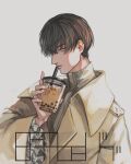 1boy absurdres artist_logo bangs beige_coat beige_shirt black_eyes black_hair bubble_tea coat commentary cup disposable_cup drinking_straw eyebrows_visible_through_hair fatalbug896 frilled_sleeves frills grey_background highres holding holding_cup long_sleeves looking_at_viewer male_focus nichts_(fatalbug896) original parted_lips profile short_hair sideways_glance signature solo upper_body watermark wide_sleeves 