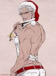  1boy bara bare_back bare_shoulders bird chick christmas colonel_sanders facial_hair from_behind glasses goatee hat highres i_reibun kfc looking_at_viewer male_focus mature_male muscular muscular_male mustache old old_man pants pectorals santa_hat seductive_smile short_hair sideburns sidepec smile solo tight tight_pants vest white_hair white_pants white_vest 